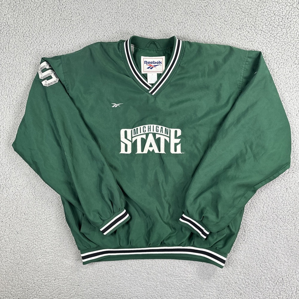 VTG 90's Reebok Michigan State Windbreaker Men Medium Green Embroidered Logo